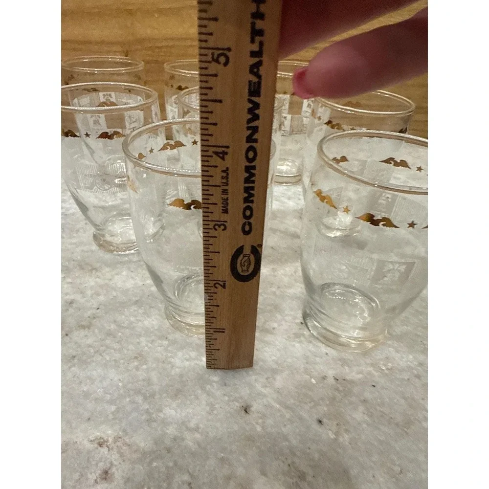 Vintage Americana Juice‎ Glasses Set of 8 Patriotic Eagle Liberty Bell Gold Rim